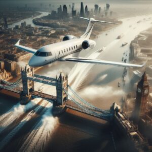 Business jet flying of Tower Bridge London